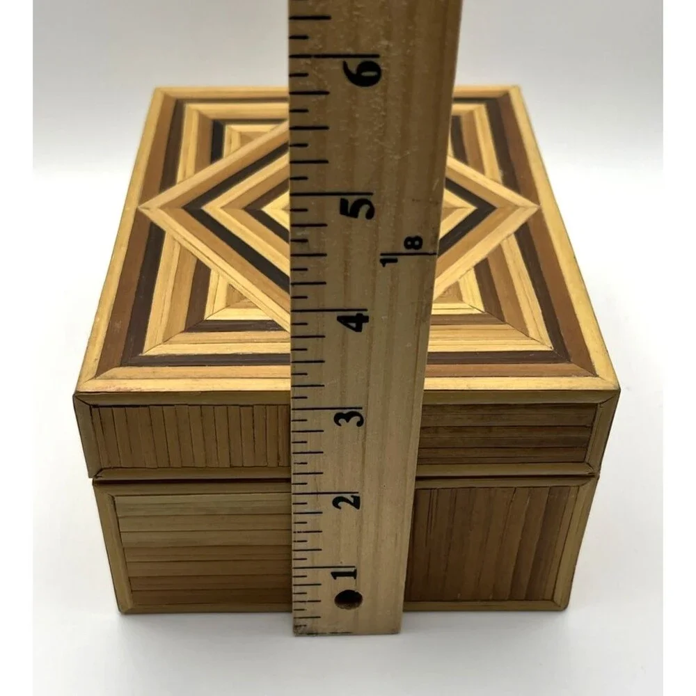 Handmade Bamboo Wood Inlaid Trinket Jewelry Box Geometric Marquetry Boho 6